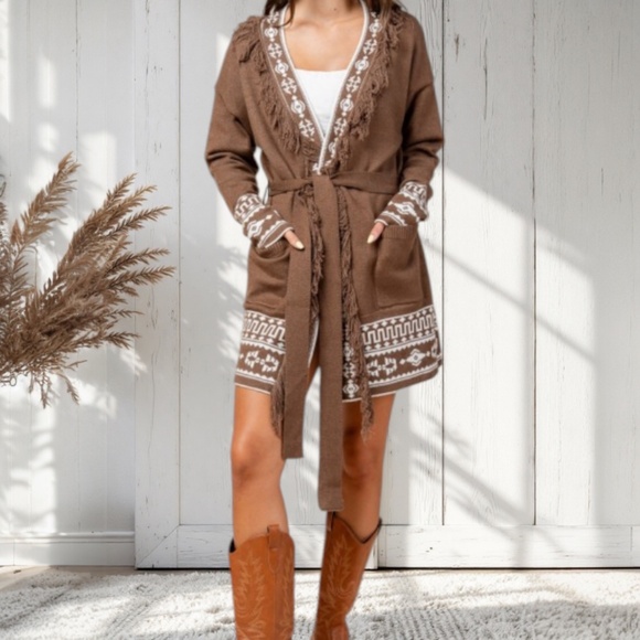 Chocolate Brown Aztec Western Boho Belted Knit Long Sleeve Cardigan Sweater Fall - Picture 1 of 3